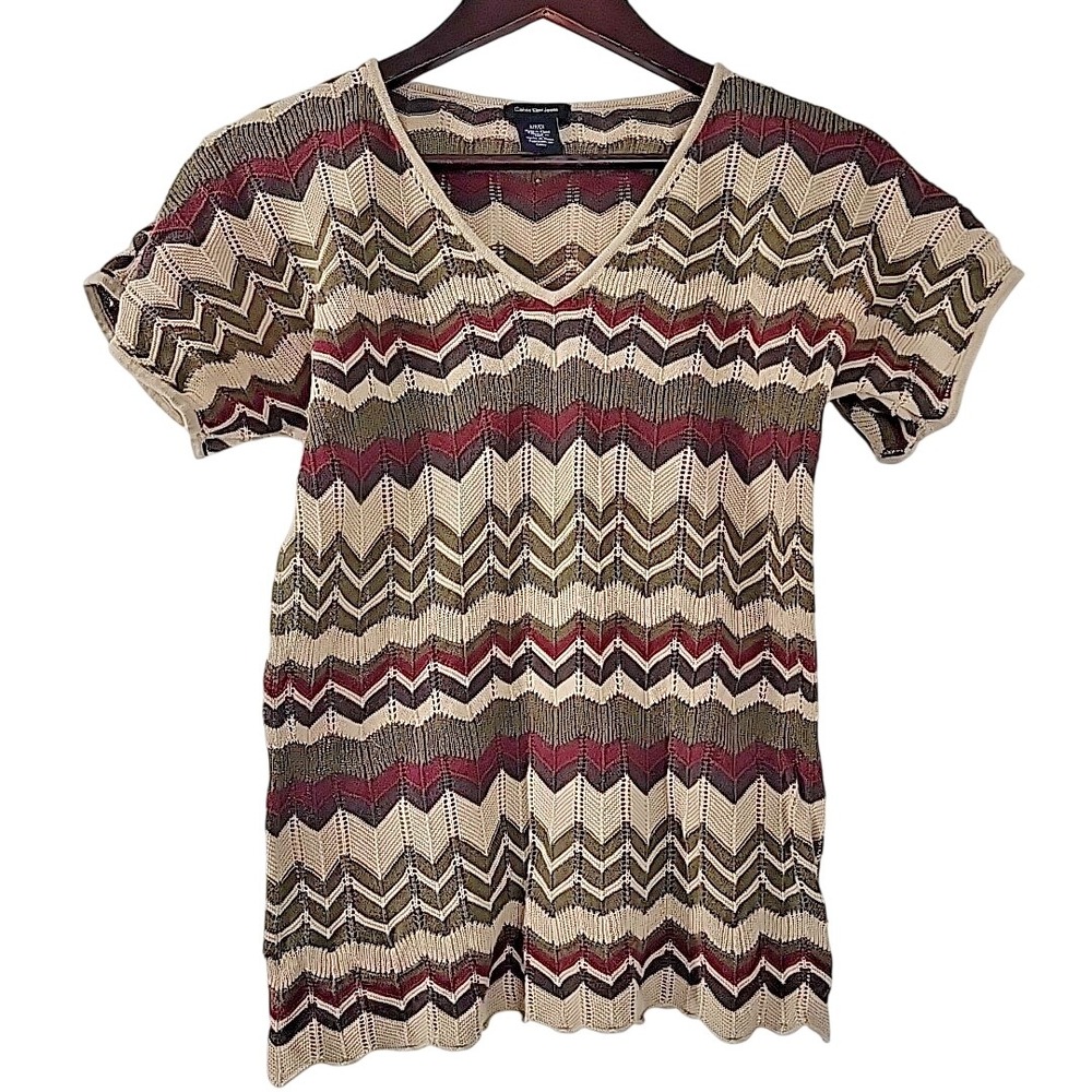 Calvin Klein Women's Small Chevron Knit Sweater Top Y2K Style Short Sleeve